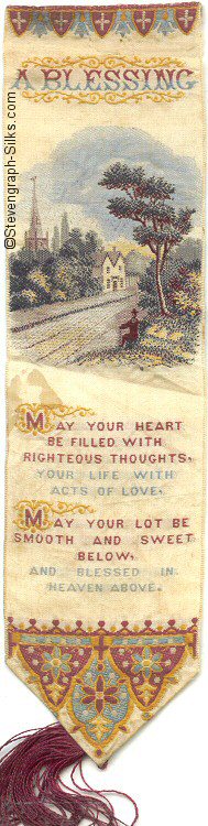 Bookmark with title words, country scene and words of a verse