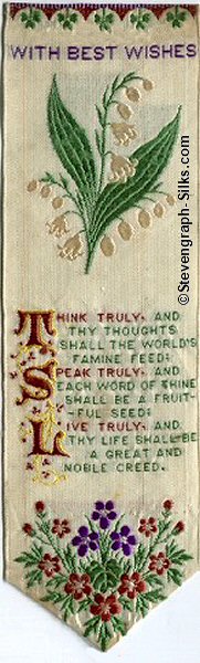 Bookmark with title words, image of white lily flowers and words of verse