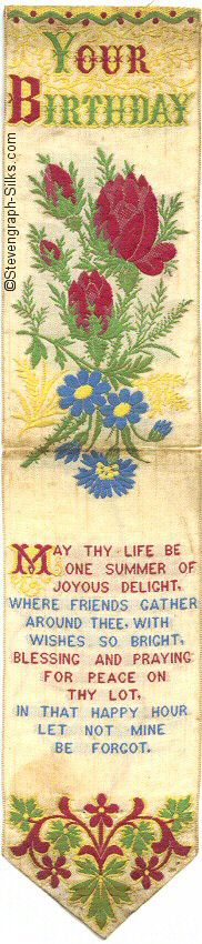 Bookmark with title words, large of mixed flowers and words of a verse