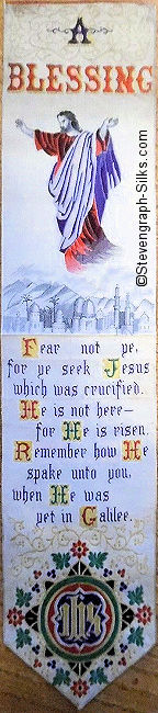 bookmark with image of Jesus standing on cloud above buildings, with title words and words of verse