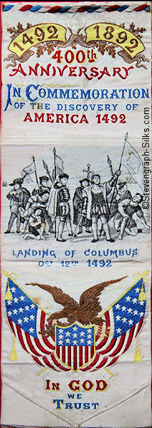 Words and image of Columbus arriving in America with Star Spangled banner, with Mannion name on reverse