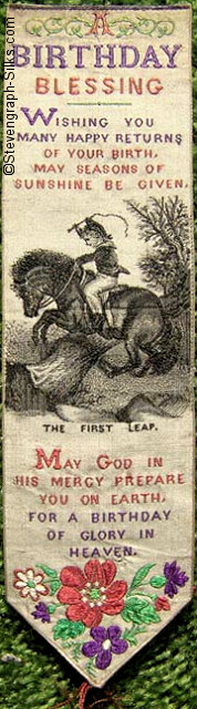 Image of bookmark with title words, words of two verses and image of boy riding a small pony