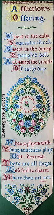 Bookmark with title words, words of verse, and central wreath of flowers with title words repeated