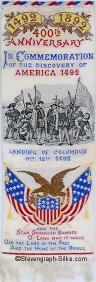 Words and image of Columbus arriving in America and eagle with Star Spangled banner