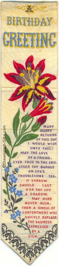 Bookmark with large flowers sweeping up left hand side, and words on lower right hand side