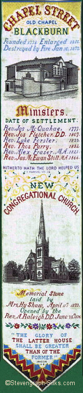 Silk bookmark with multiple history of the Old Chapel and New Chapel, Chapel Street, Blackburn, and names of past Ministers