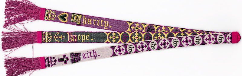 Frayed end narrow religious bookmark with title of CHARITY, joined with two other narrow religious bookmarks