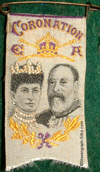 Portrait images of Queen Alexandra and King Edward VII, on short favour type lapel badge