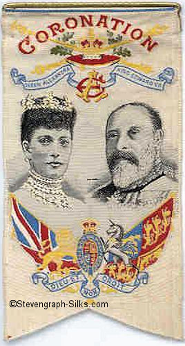 Portrait images of Queen Alexandra and King Edward VII, on short favour type lapel badge