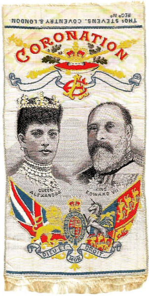 Portrait images of Queen Alexandra and King Edward VII, on short favour type lapel badge