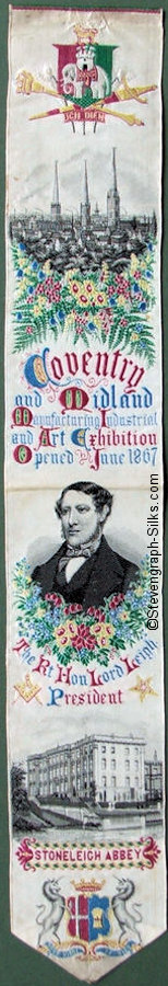 Bookmark with title words, portrait of Lord Leigh, and image of Stoneleigh Abbey