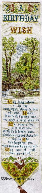 woven silk bookmark with title words, image of woodland scene and words of verse