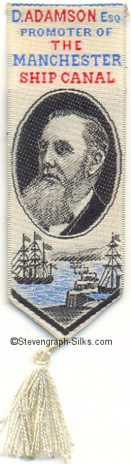 Bookmark with portrait image of Adamson, words and image of ships on the canal