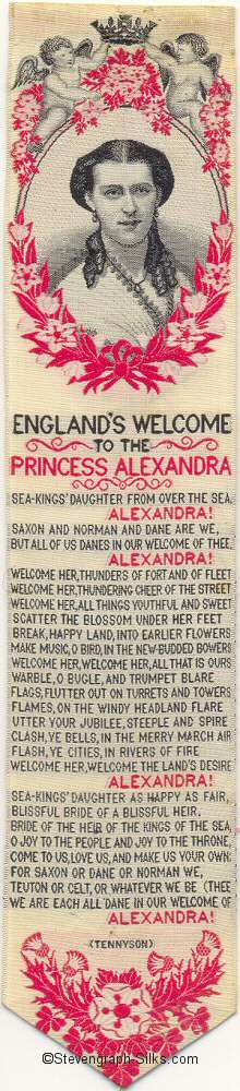 Bookmark with portrait of Princess Alexandra and extensive words