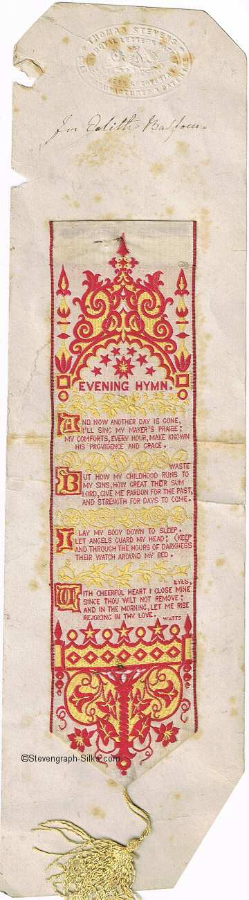 White background bookmark still attached to the original stiff paper backing, with words of Evening Hymn, beneath a gothic arch