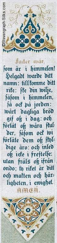ribbon with ornate design at top, and Swedish words of The Lords Prayer