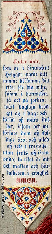 ribbon with ornate design at top, and Swedish words of The Lords Prayer