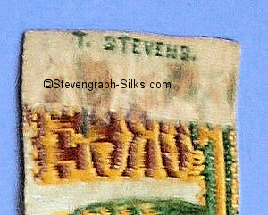 T. Stevens credit woven in the back top turnover of this bookmark