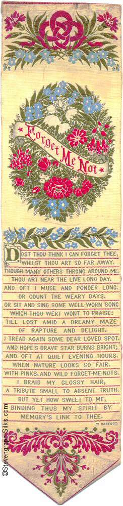 Silk bookmark with flowers top border, wreath of flowers with ribbon, on which are title words, and words of verses