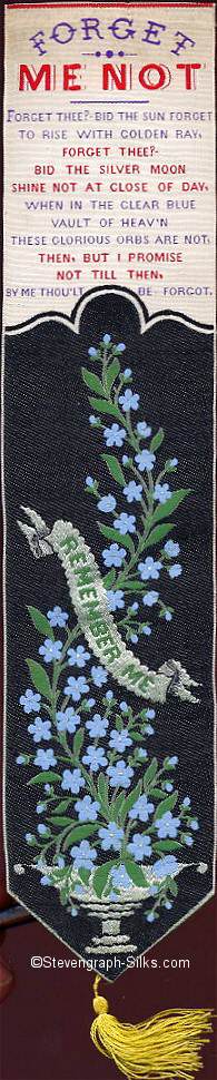 Bookmark with words and motif of blue flowers with scroll