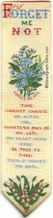 Bookmark with title words, image of Forget-me-not flowers, and words of a verse