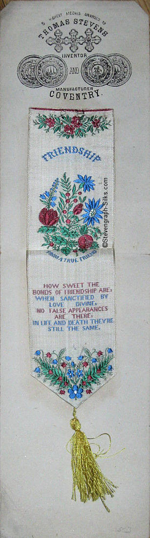 Silk bookmark with title word, flowers with additional title words, and verse