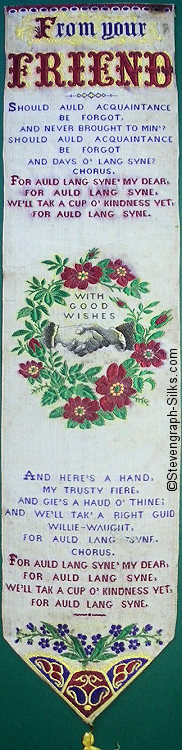 Bookmark with title words, words of verses, and image of two hands shaking inside a wreath of flowers