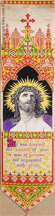 Bookmark with image of Christ and gothic arch above, with small panel for words