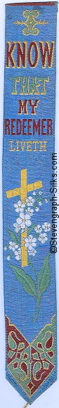 narrow bookmark in blue background, with words and image of cross and flowers