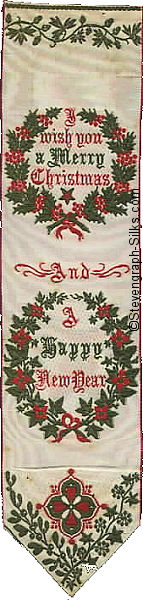 bookmark with title words woven inside an oval wreath, and further words below