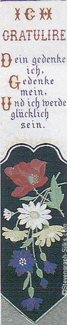 Silk bookmark with title in german words and image of flowers