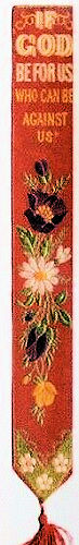 Silk bookmark with title words and image of flowers