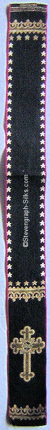long narrow religious bookmark with I.H.S. inside cross at bottom, and frayed ends