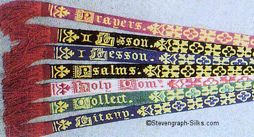 Narrow religious bookmark with title words, joined with six other narrow religious bookmarks