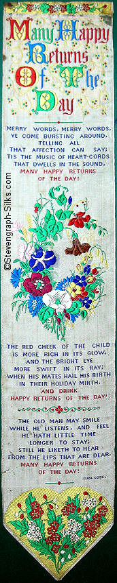 Eliza Cook poem, with motif of flowers in centre of bookmark