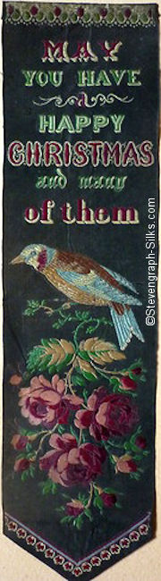 Bookmark with a few words and large image of bird sat on branch of red roses and rose buds