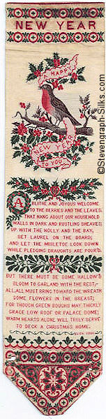 bookmark with title words, image of robin sat on a branch holding a ribbon, and words of verse