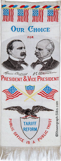 Bookmark with title words and portraits of Clevelend and Stevenson