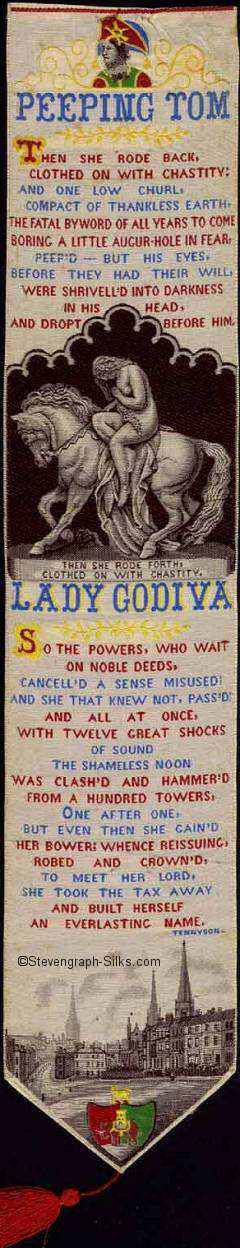 Bookmark with portrait of Peeping Tom, image of Lady Godiva on horseback and Tennyson's poem