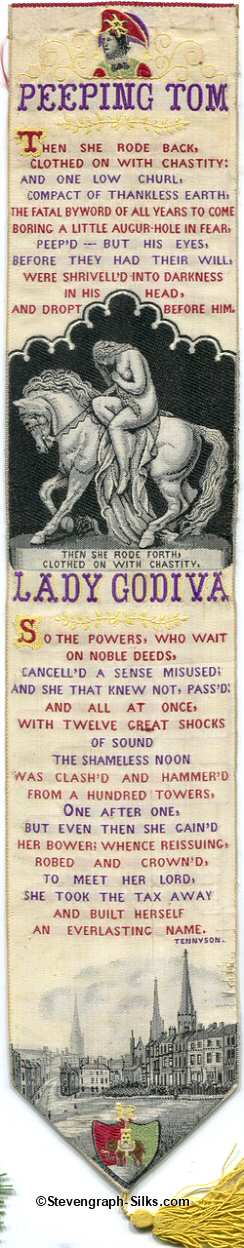 Bookmark with portrait of Peeping Tom, image of Lady Godiva on horseback and Tennyson's poem