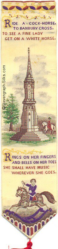 Bookmark with image of Banbury Cross, a lady on a fine wite horse, a little boy on his rocking horse, and words of a rhyme