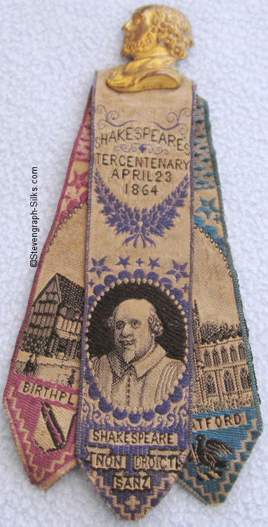 Three bookmarks held together with gilt bust, to form the Shakespeare Tercentenary April 23 1864 favor