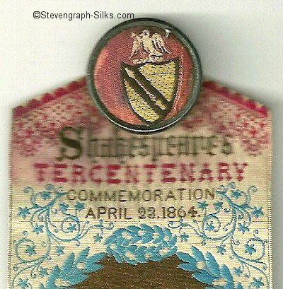 Front of button used to hold the three bookmarks which form the Shakespeare Tercentenary Commemoration favour