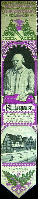 Bookmark with portrait of Shakespeare, image of the house in which he was born, and words