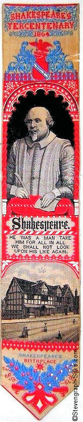 Bookmark with portrait of Shakespeare, image of the house in which he was born, and words