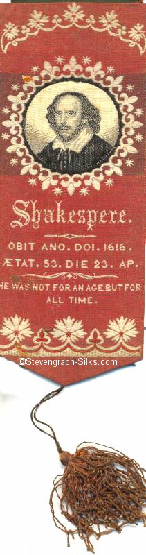 Bookmark with portrait of Shakespeare, although his name is mis-spelt
