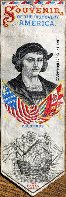 Bookmark with words, portrait of Columbus and an image of The Santa Maria