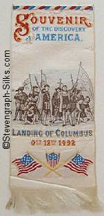 Bookmark with title words, image of the Columbus and his men landing