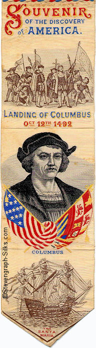 Bookmark with words, image of Columbus and his men landing in America, an image of The Santa Maria, and a portrait of Columbus