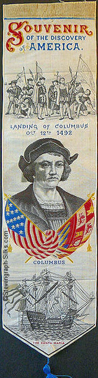 Bookmark with words, image of Columbus and his men landing in America, an image of The Santa Maria, and a portrait of Columbus